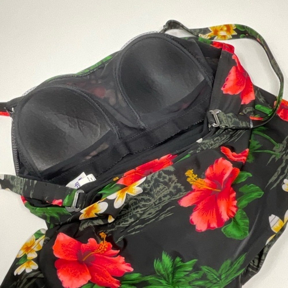 Beach Cabana One Piece Swim Suit Black W/Tropical print Size Small G11 - Picture 9 of 10